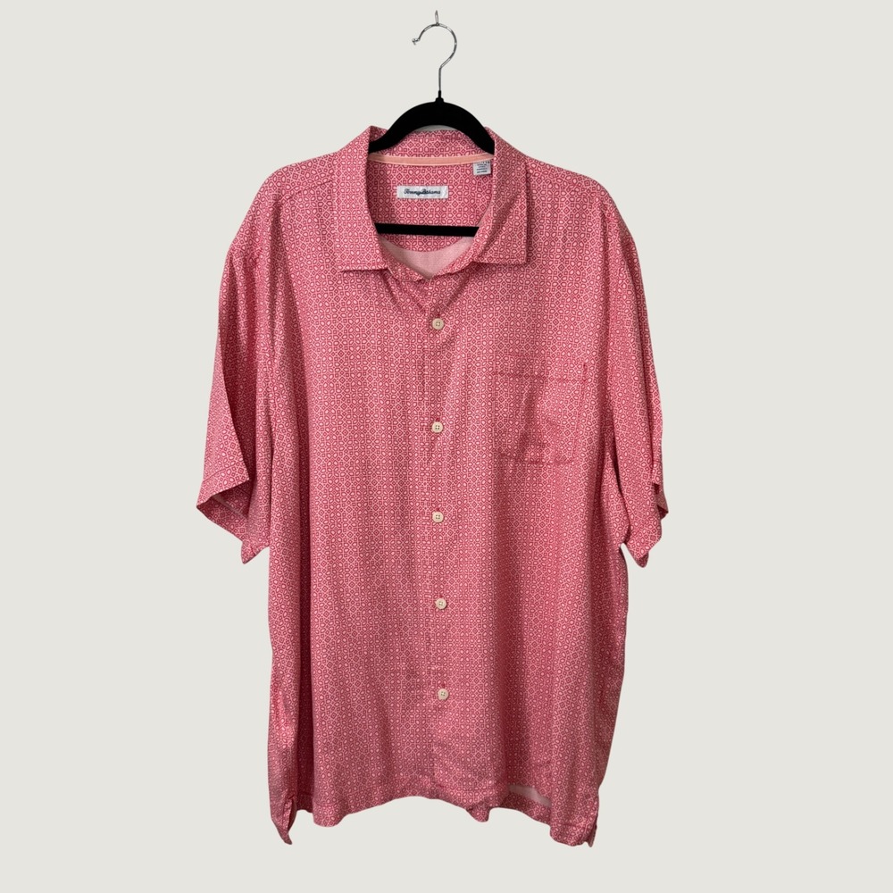 Tommy Bahama Mens XXL Pink Geometric‎ Diamond Print 100% Silk Short Sleeve Shirt